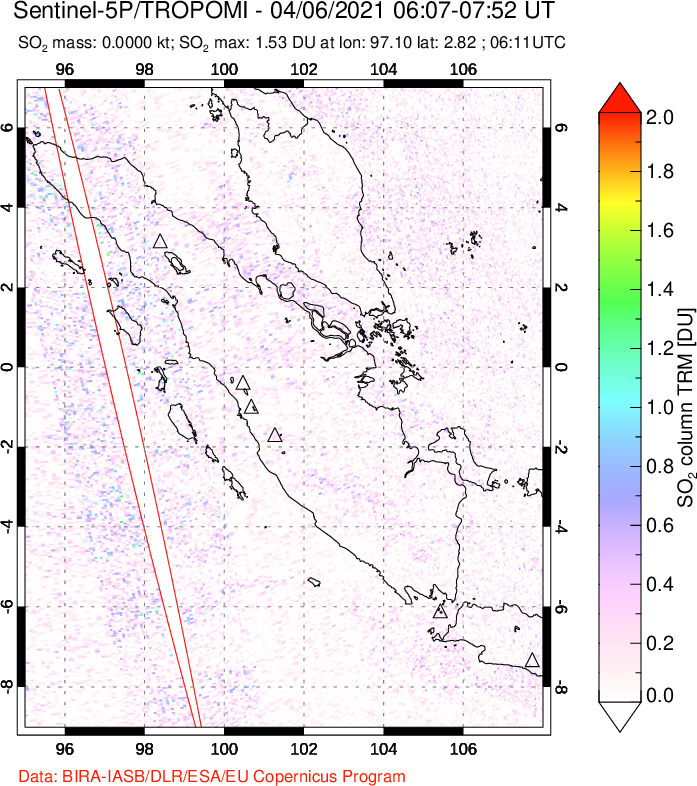 A sulfur dioxide image over Sumatra, Indonesia on Apr 06, 2021.