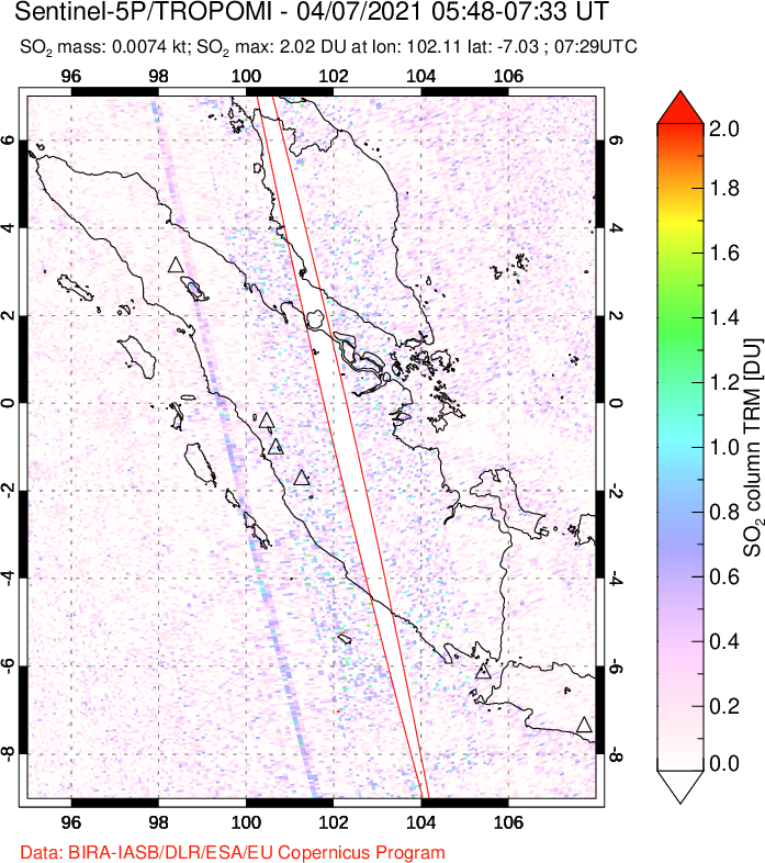 A sulfur dioxide image over Sumatra, Indonesia on Apr 07, 2021.