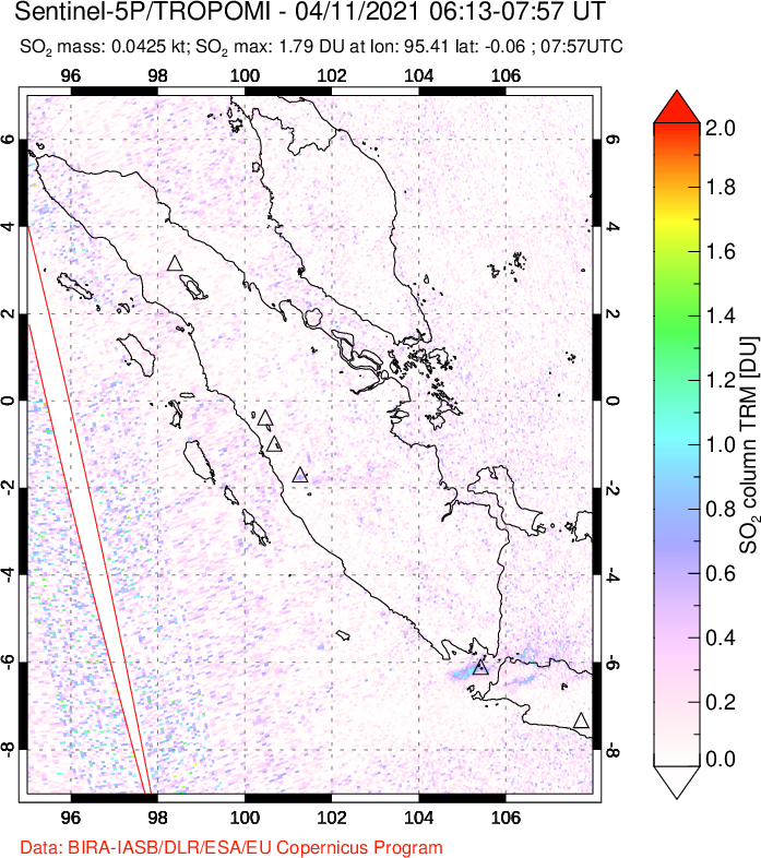 A sulfur dioxide image over Sumatra, Indonesia on Apr 11, 2021.