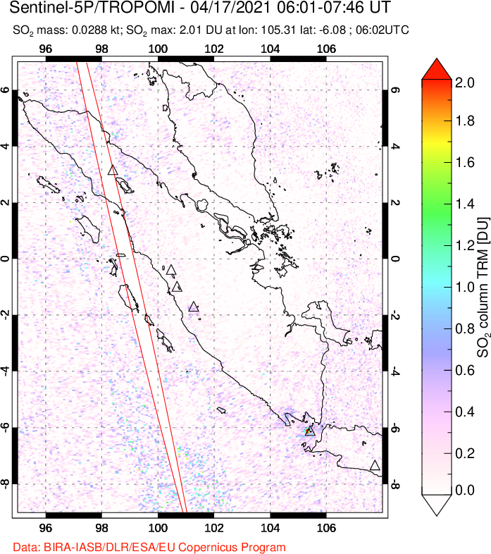 A sulfur dioxide image over Sumatra, Indonesia on Apr 17, 2021.