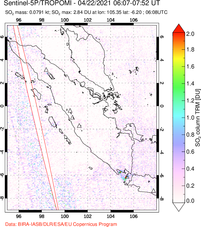 A sulfur dioxide image over Sumatra, Indonesia on Apr 22, 2021.