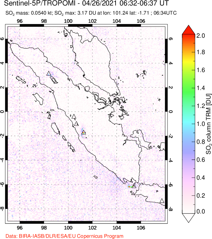 A sulfur dioxide image over Sumatra, Indonesia on Apr 26, 2021.