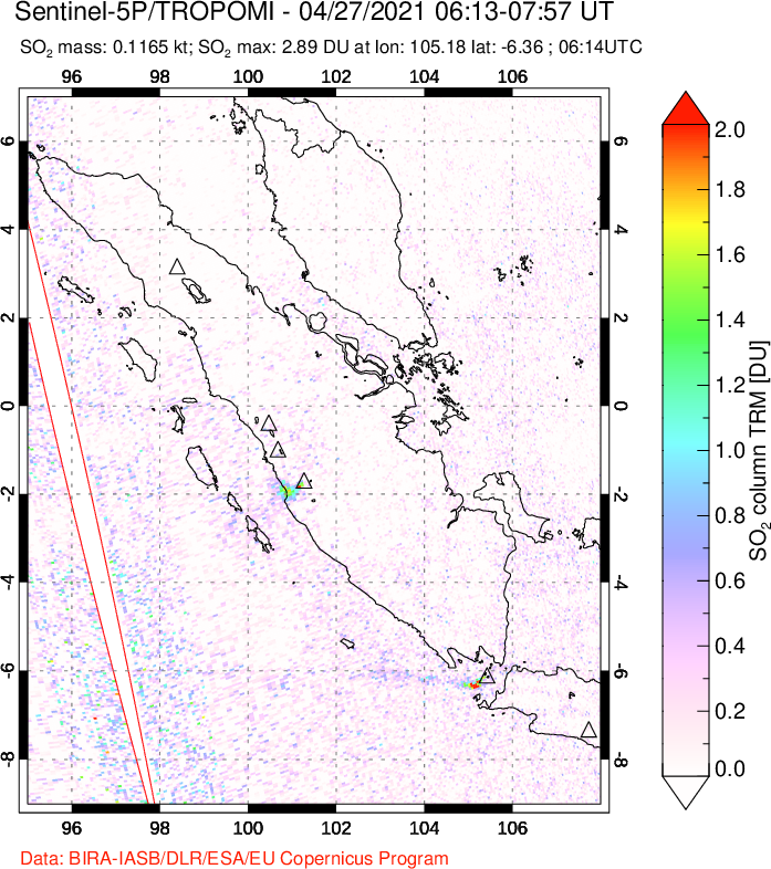 A sulfur dioxide image over Sumatra, Indonesia on Apr 27, 2021.