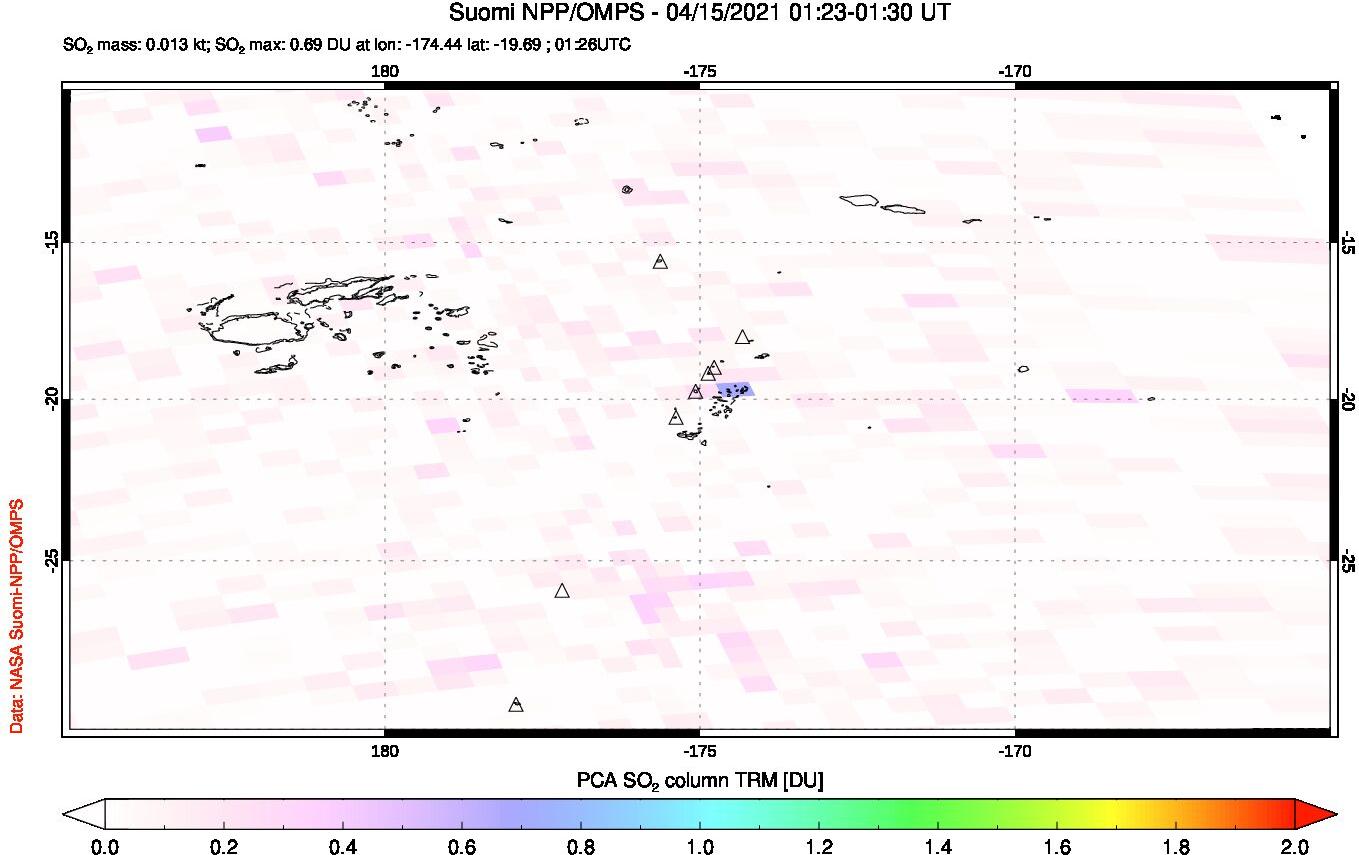 A sulfur dioxide image over Tonga, South Pacific on Apr 15, 2021.