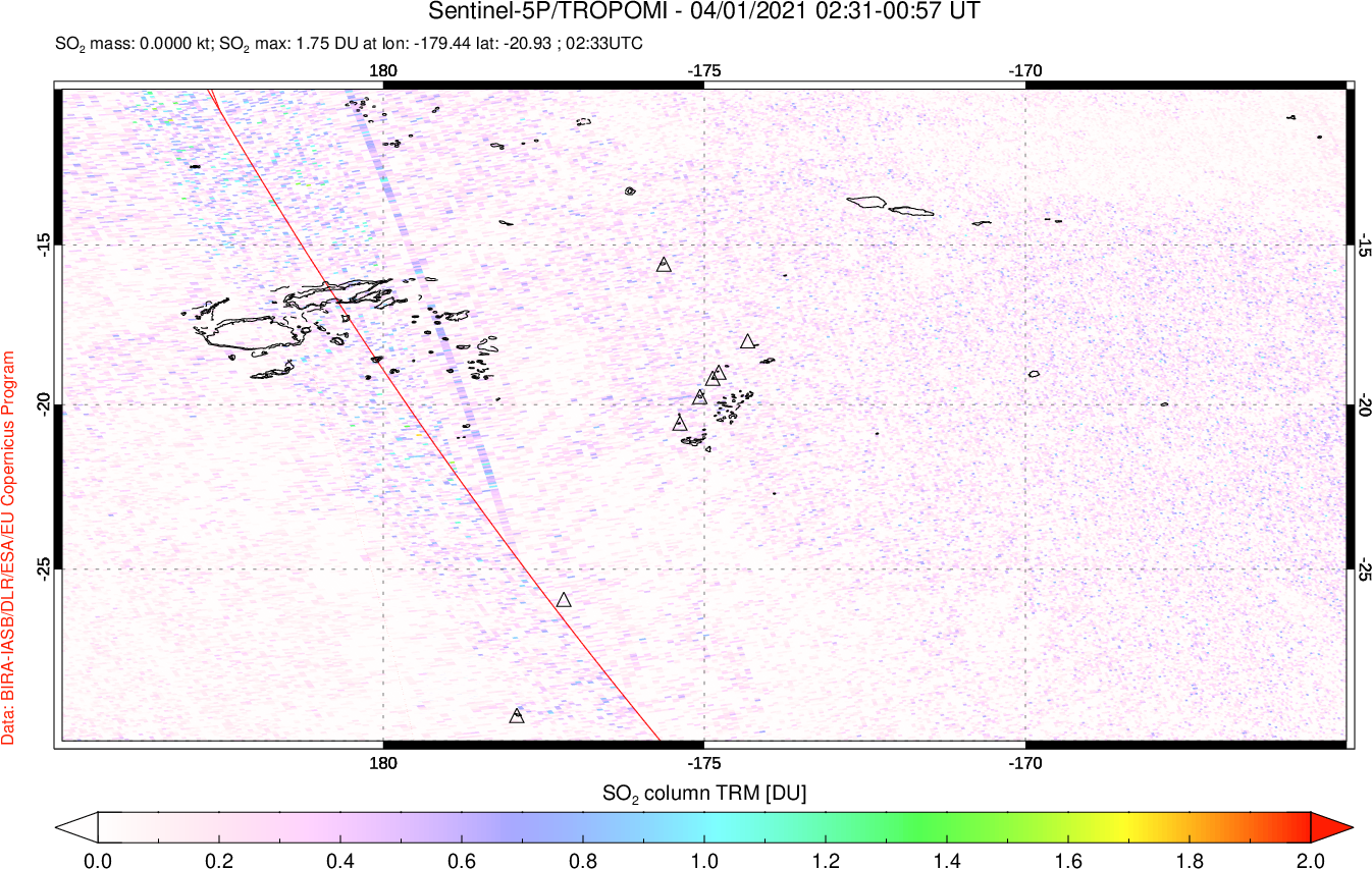 A sulfur dioxide image over Tonga, South Pacific on Apr 01, 2021.