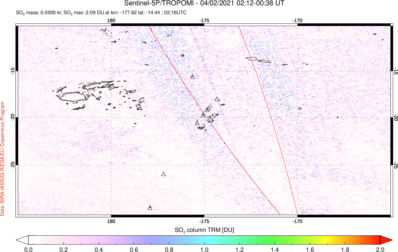 A sulfur dioxide image over Tonga, South Pacific on Apr 02, 2021.