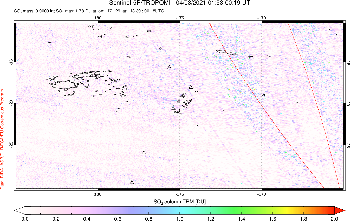 A sulfur dioxide image over Tonga, South Pacific on Apr 03, 2021.