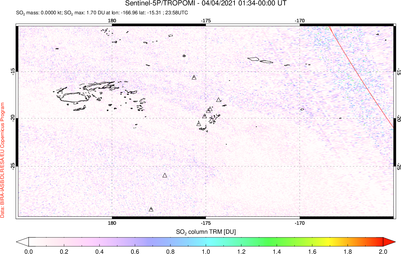 A sulfur dioxide image over Tonga, South Pacific on Apr 04, 2021.