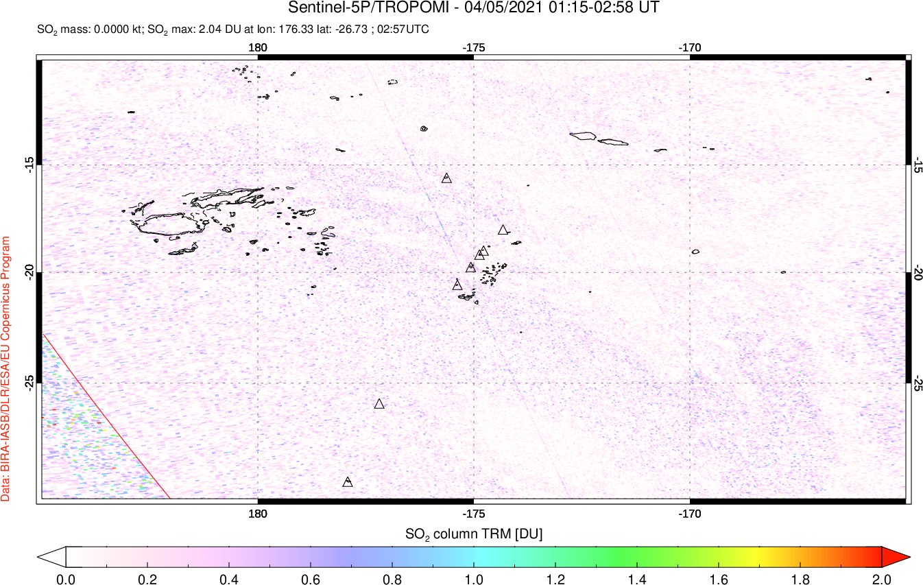 A sulfur dioxide image over Tonga, South Pacific on Apr 05, 2021.