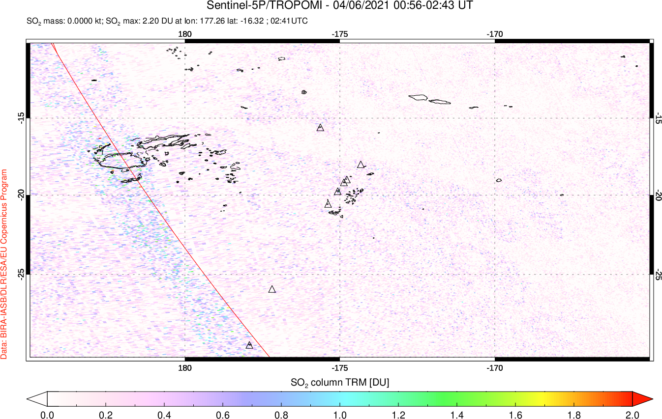 A sulfur dioxide image over Tonga, South Pacific on Apr 06, 2021.