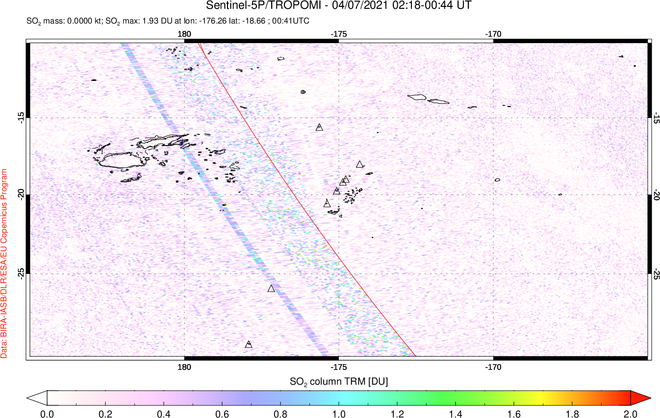 A sulfur dioxide image over Tonga, South Pacific on Apr 07, 2021.