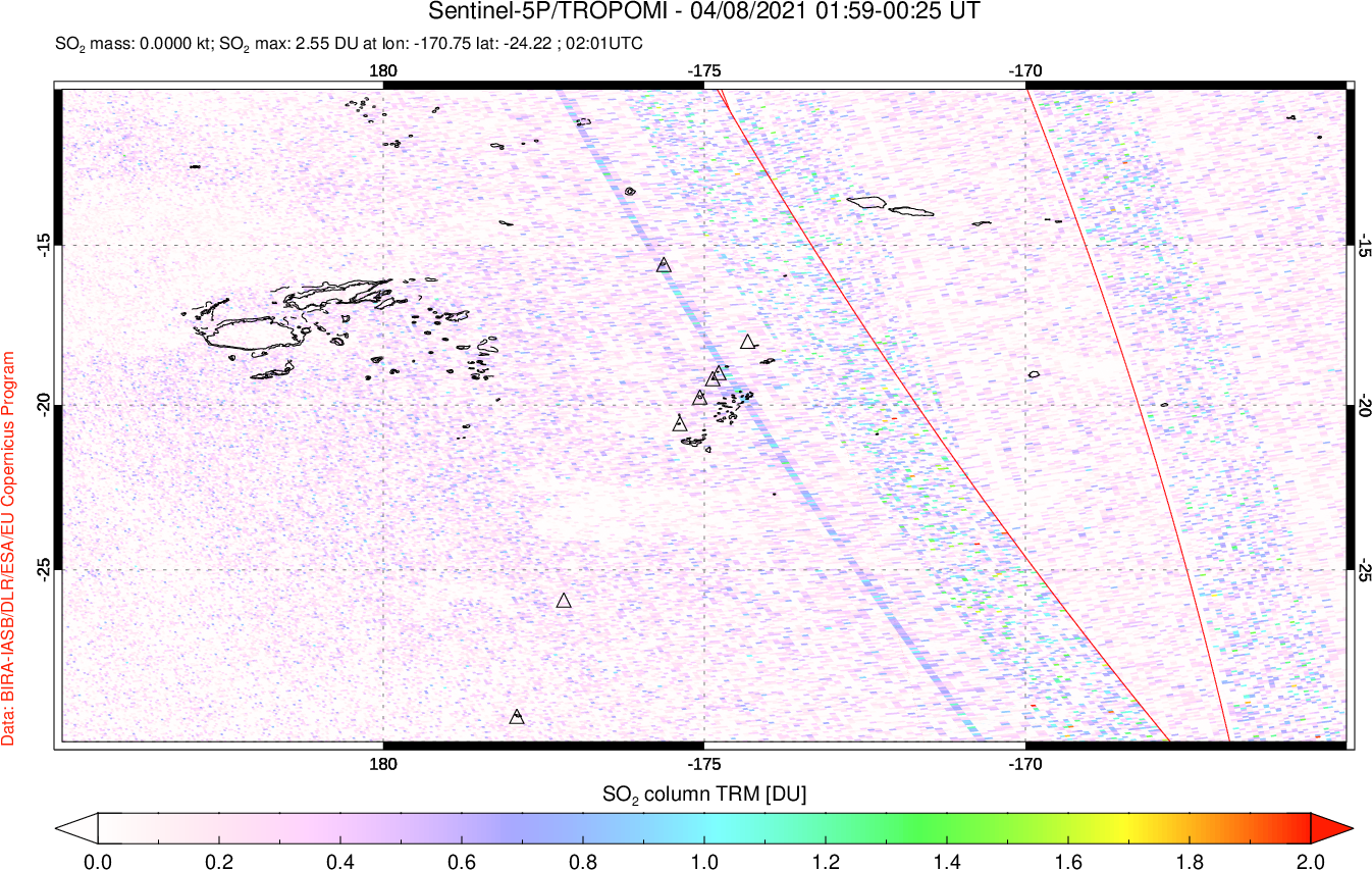 A sulfur dioxide image over Tonga, South Pacific on Apr 08, 2021.