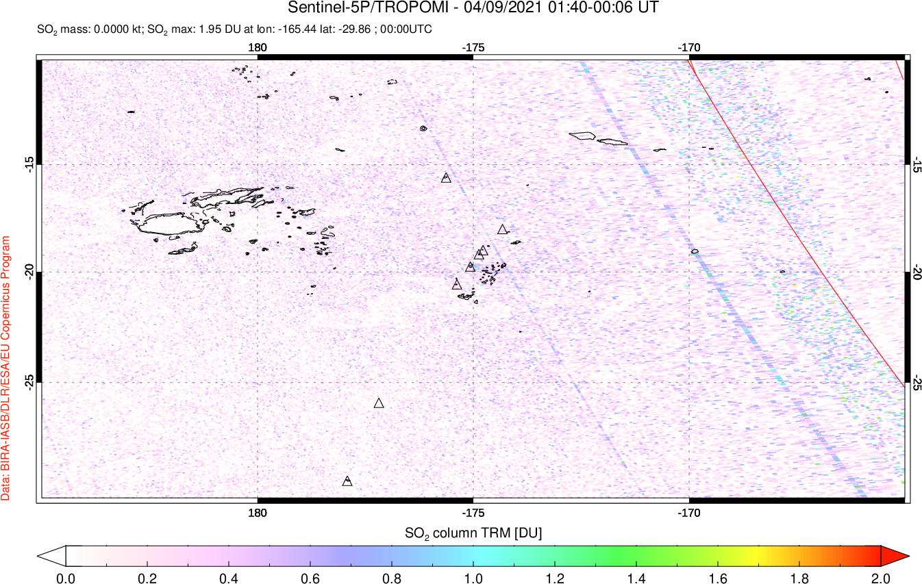 A sulfur dioxide image over Tonga, South Pacific on Apr 09, 2021.
