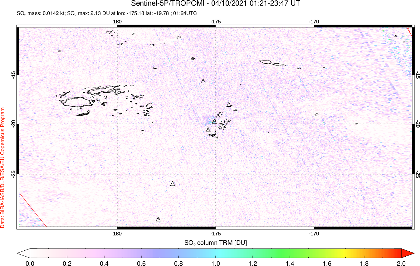 A sulfur dioxide image over Tonga, South Pacific on Apr 10, 2021.