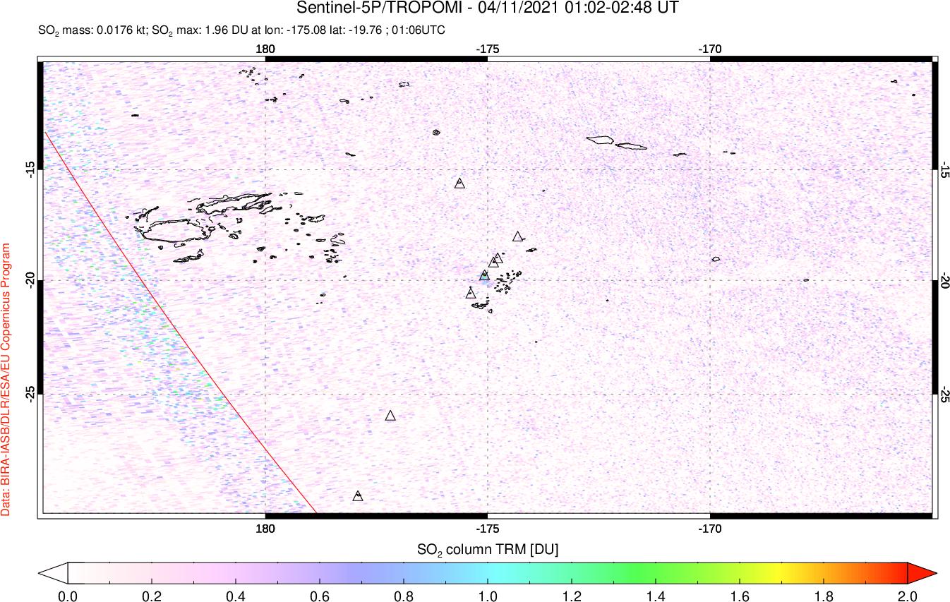 A sulfur dioxide image over Tonga, South Pacific on Apr 11, 2021.