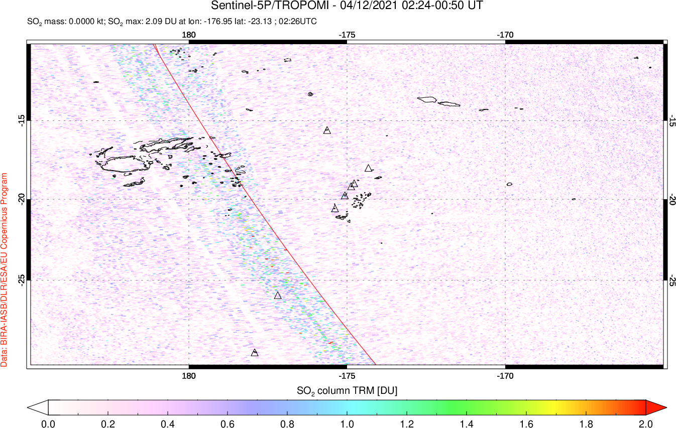 A sulfur dioxide image over Tonga, South Pacific on Apr 12, 2021.