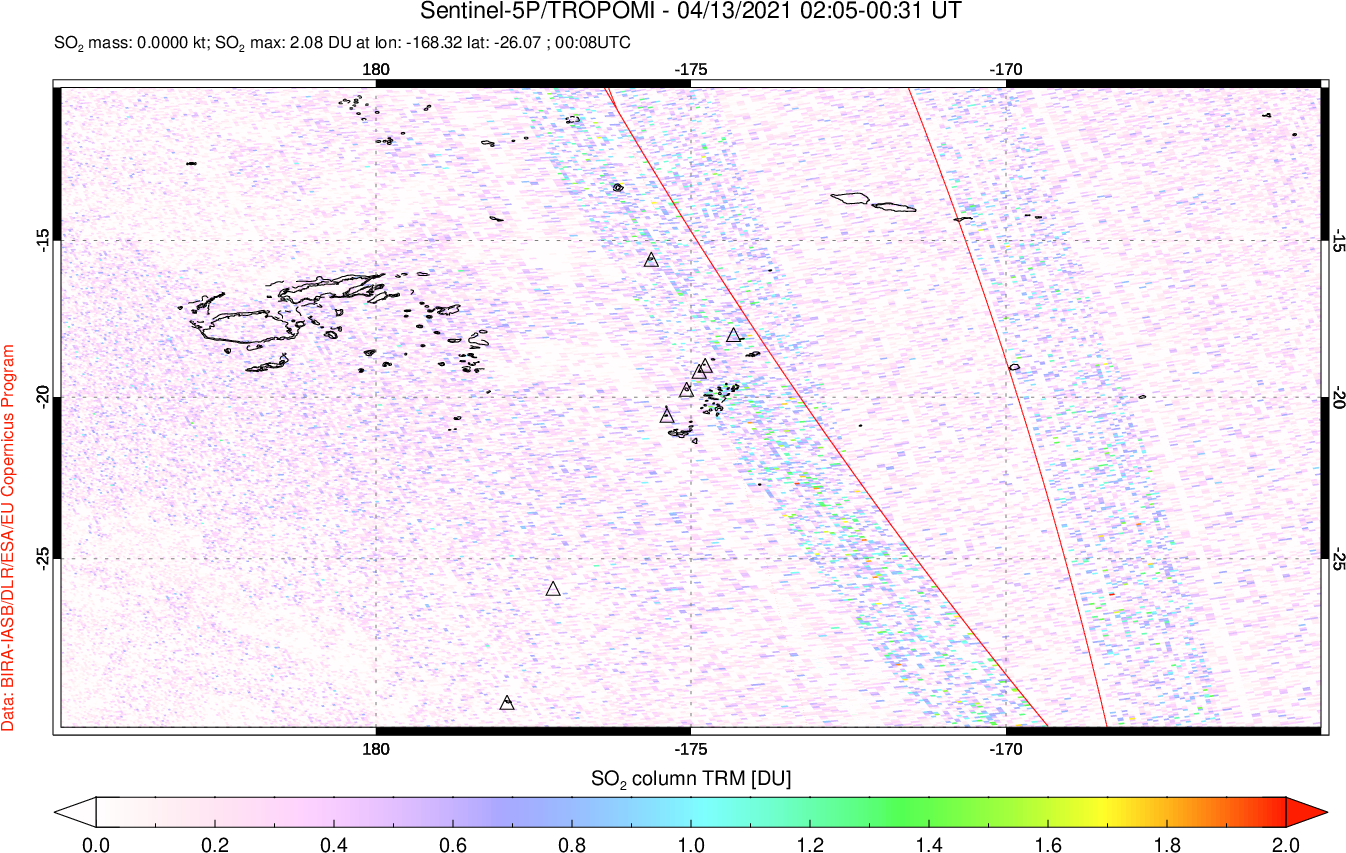 A sulfur dioxide image over Tonga, South Pacific on Apr 13, 2021.