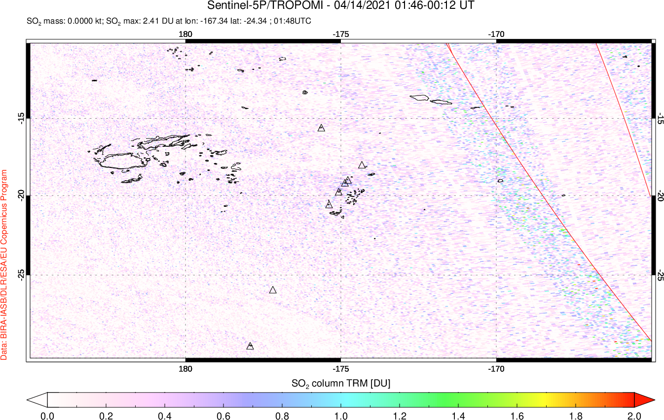 A sulfur dioxide image over Tonga, South Pacific on Apr 14, 2021.