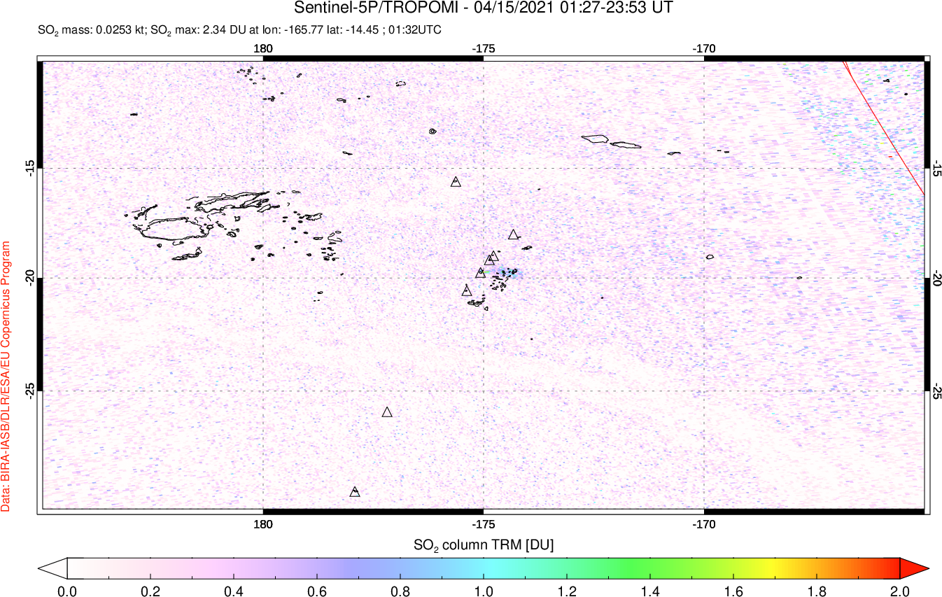 A sulfur dioxide image over Tonga, South Pacific on Apr 15, 2021.
