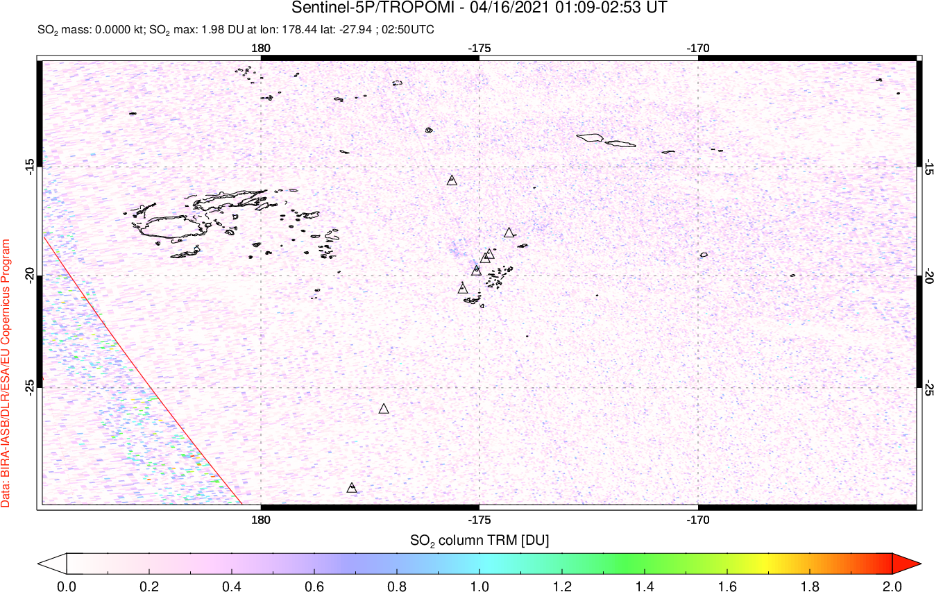A sulfur dioxide image over Tonga, South Pacific on Apr 16, 2021.