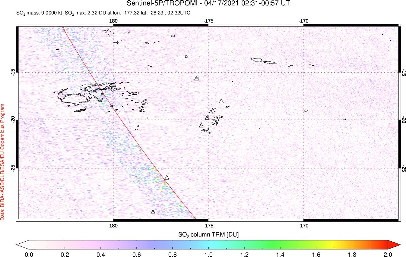 A sulfur dioxide image over Tonga, South Pacific on Apr 17, 2021.