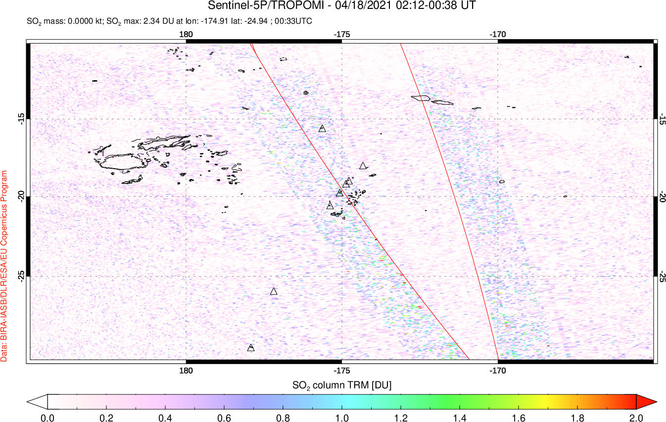 A sulfur dioxide image over Tonga, South Pacific on Apr 18, 2021.