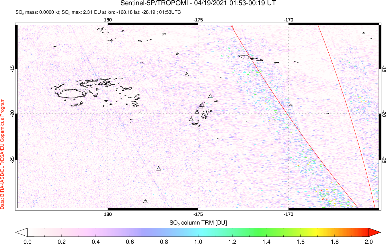 A sulfur dioxide image over Tonga, South Pacific on Apr 19, 2021.