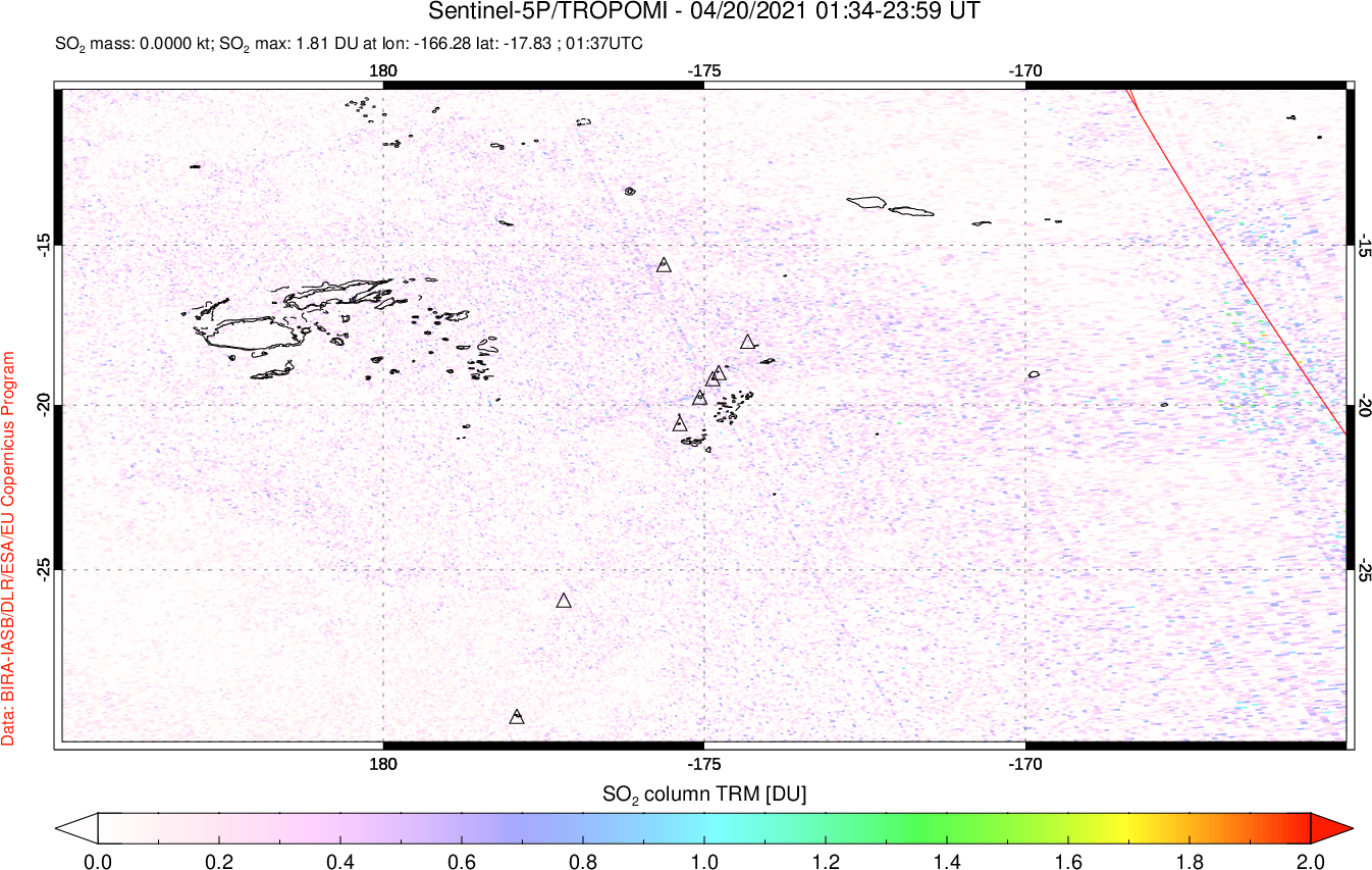 A sulfur dioxide image over Tonga, South Pacific on Apr 20, 2021.