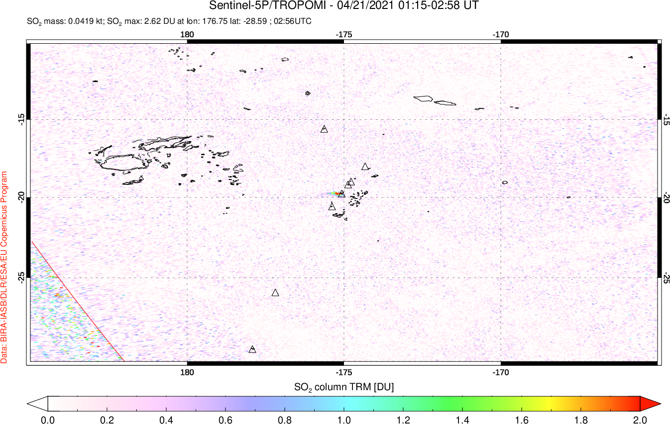 A sulfur dioxide image over Tonga, South Pacific on Apr 21, 2021.