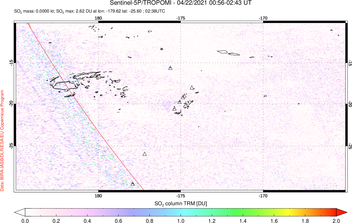 A sulfur dioxide image over Tonga, South Pacific on Apr 22, 2021.