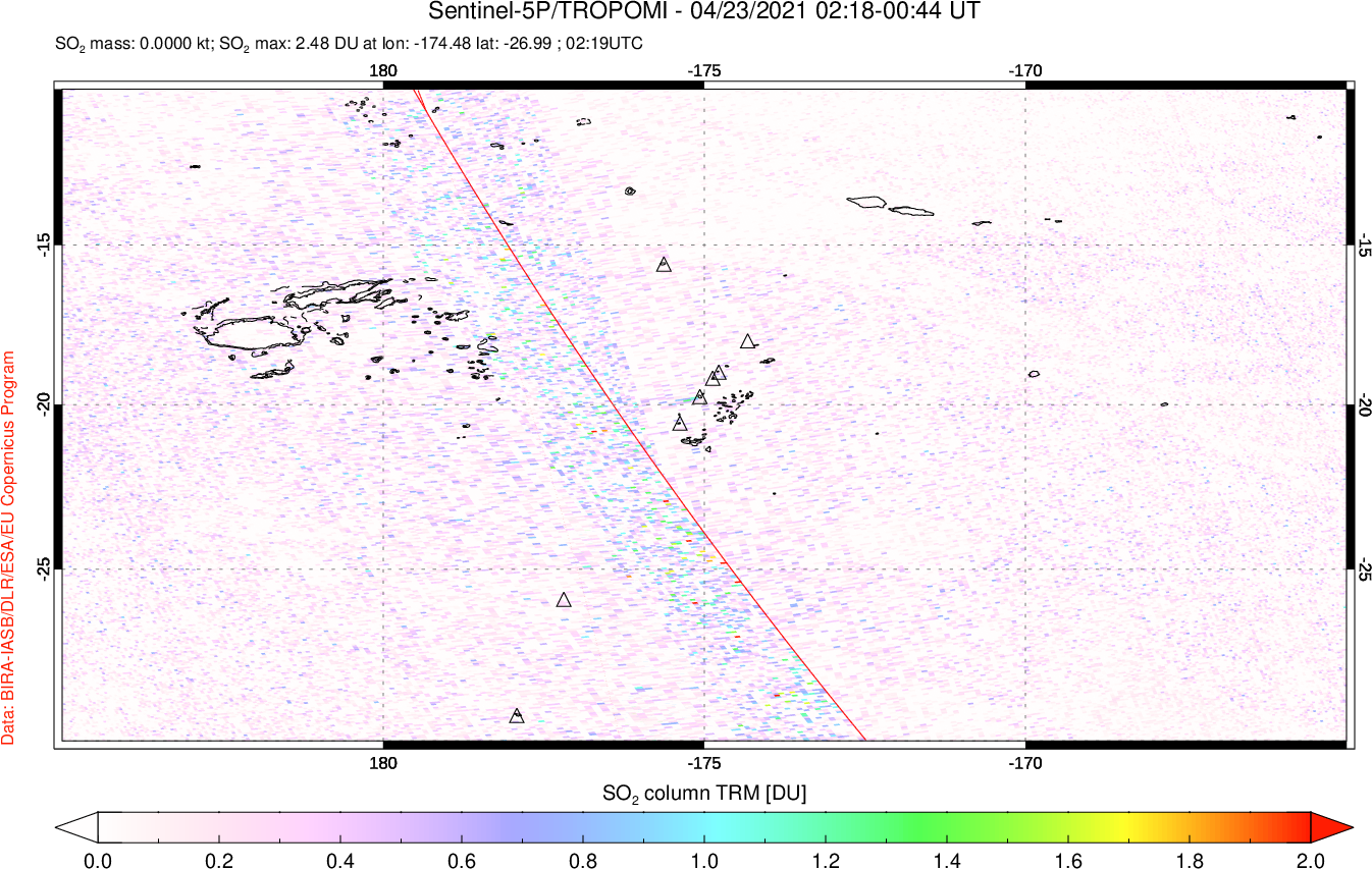A sulfur dioxide image over Tonga, South Pacific on Apr 23, 2021.