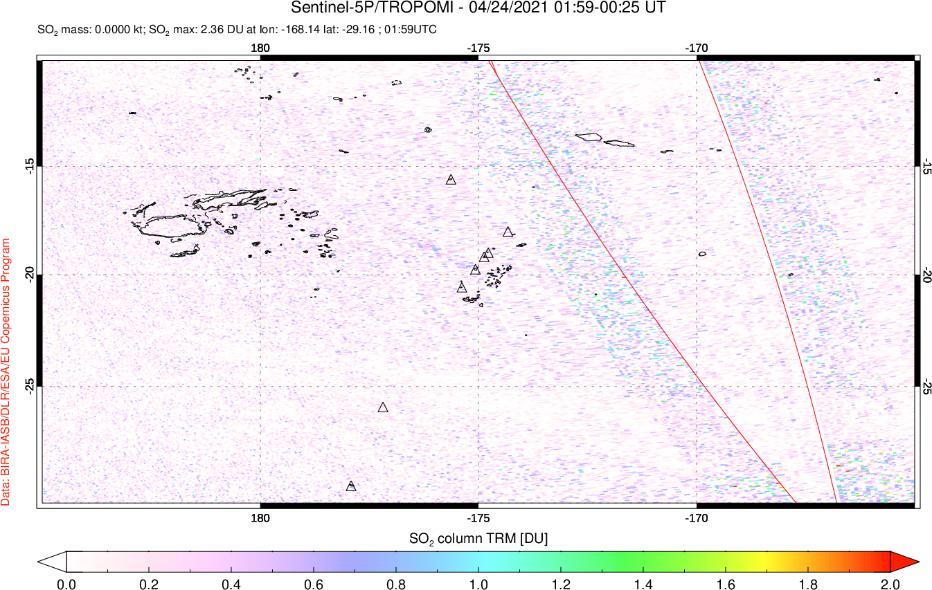 A sulfur dioxide image over Tonga, South Pacific on Apr 24, 2021.