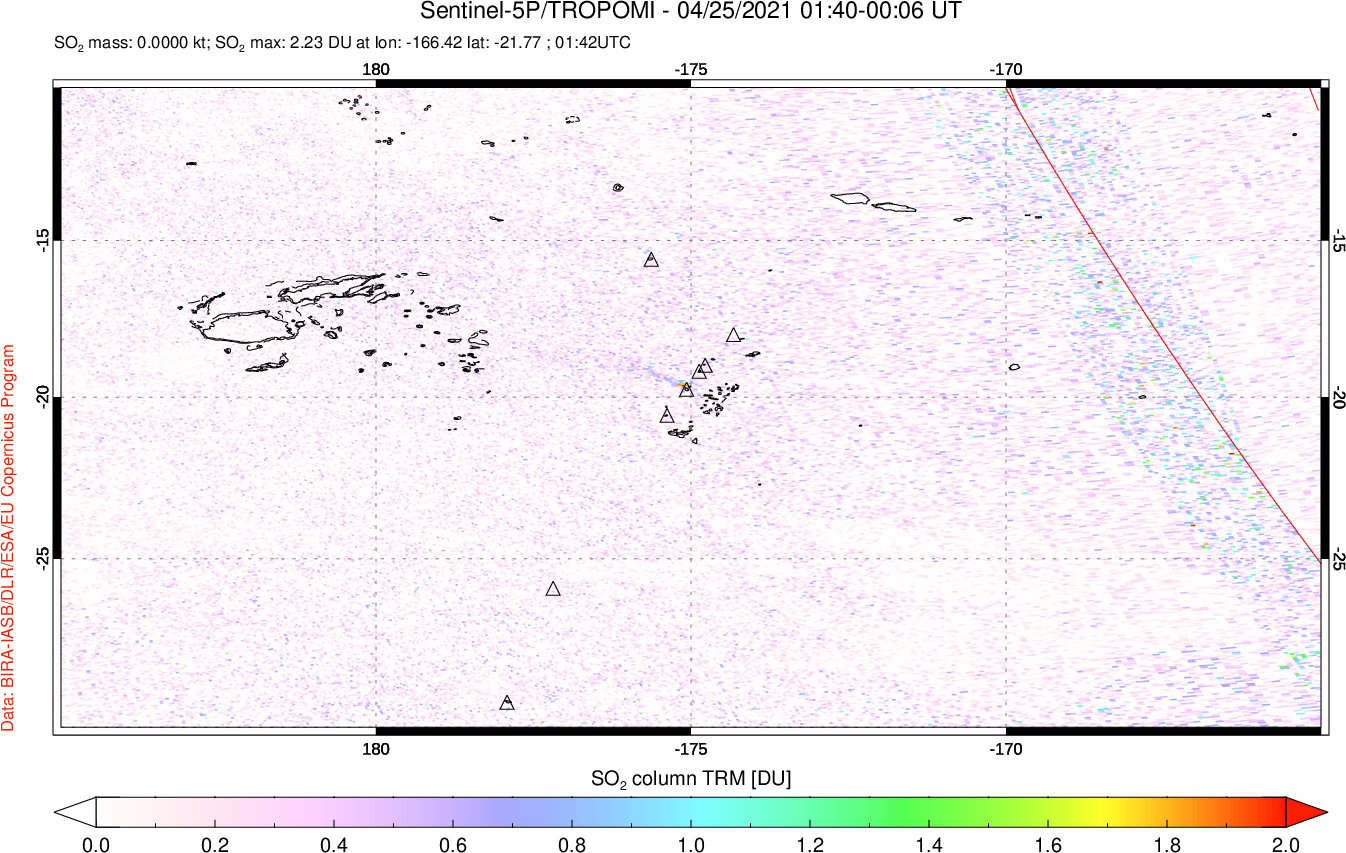 A sulfur dioxide image over Tonga, South Pacific on Apr 25, 2021.