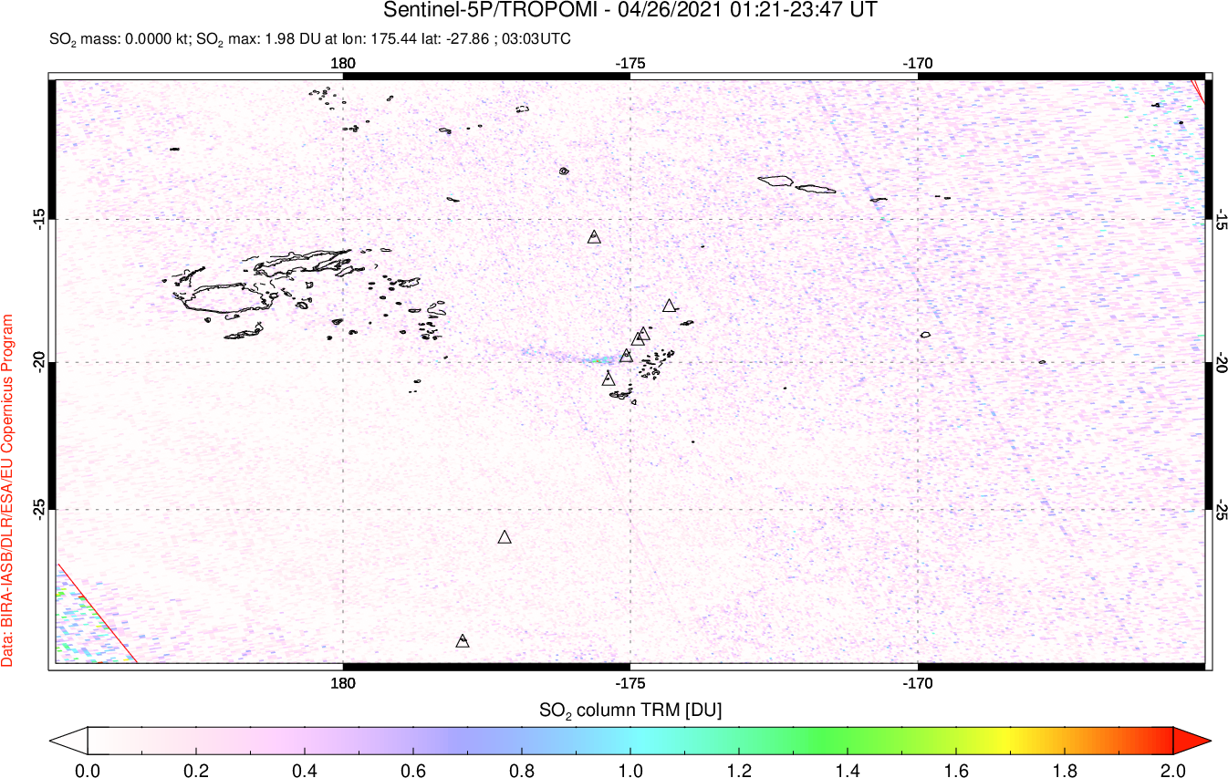A sulfur dioxide image over Tonga, South Pacific on Apr 26, 2021.