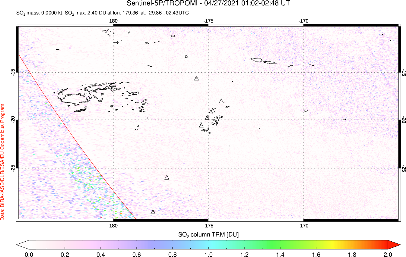 A sulfur dioxide image over Tonga, South Pacific on Apr 27, 2021.