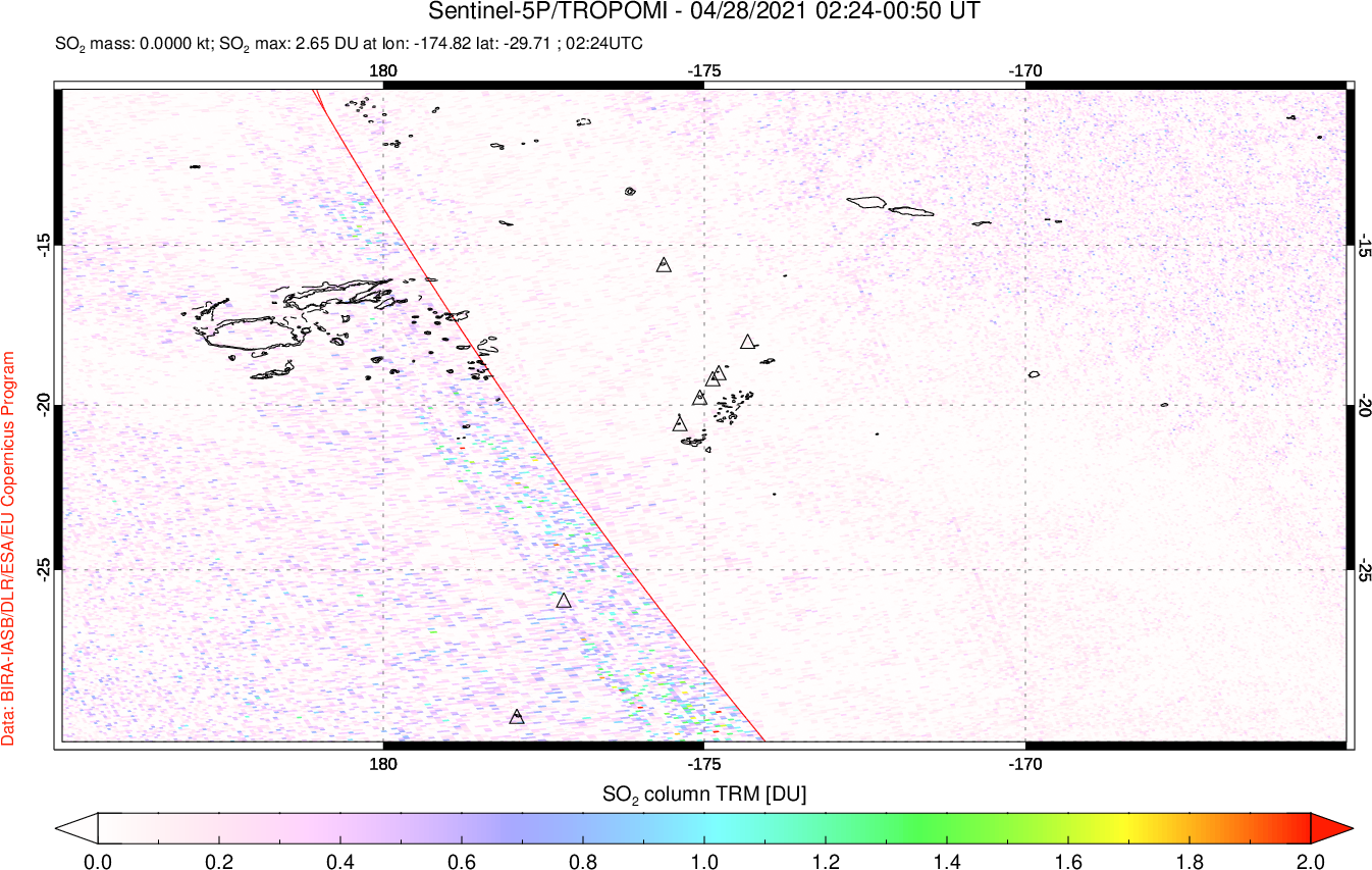 A sulfur dioxide image over Tonga, South Pacific on Apr 28, 2021.
