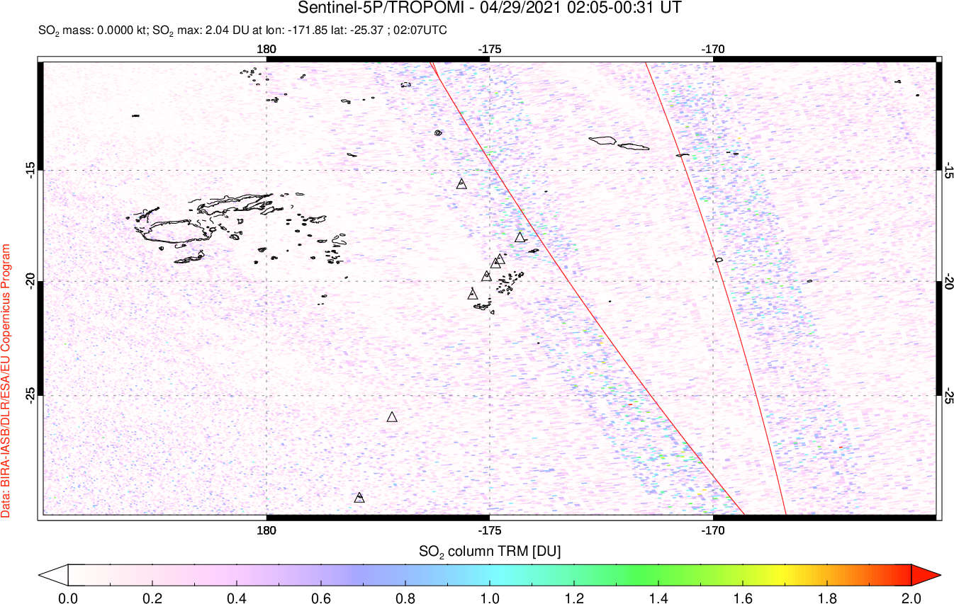 A sulfur dioxide image over Tonga, South Pacific on Apr 29, 2021.