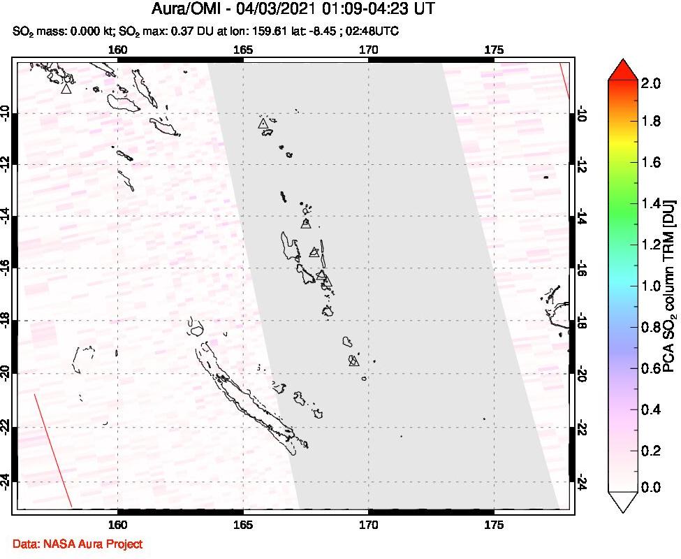 A sulfur dioxide image over Vanuatu, South Pacific on Apr 03, 2021.