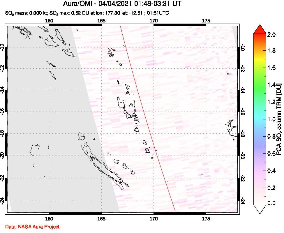 A sulfur dioxide image over Vanuatu, South Pacific on Apr 04, 2021.