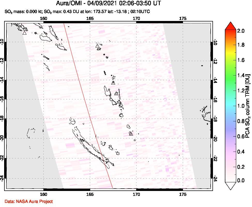 A sulfur dioxide image over Vanuatu, South Pacific on Apr 09, 2021.