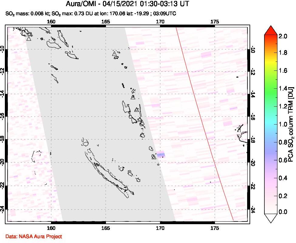 A sulfur dioxide image over Vanuatu, South Pacific on Apr 15, 2021.