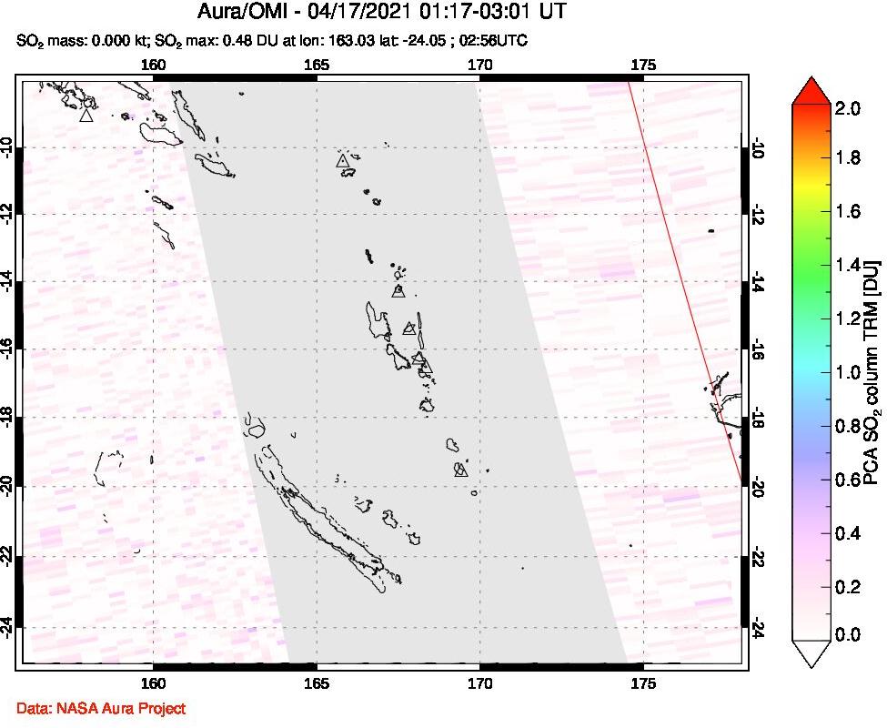 A sulfur dioxide image over Vanuatu, South Pacific on Apr 17, 2021.