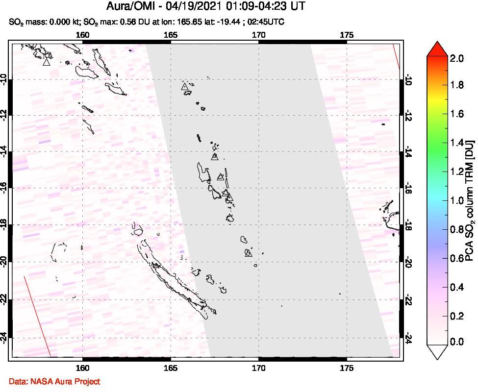 A sulfur dioxide image over Vanuatu, South Pacific on Apr 19, 2021.