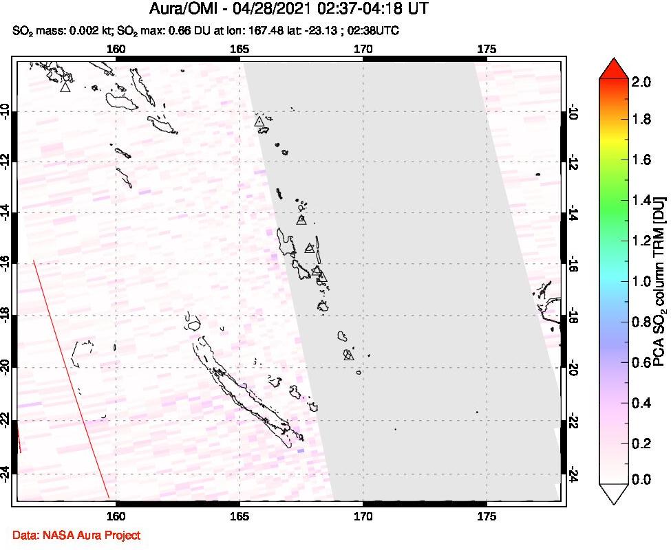 A sulfur dioxide image over Vanuatu, South Pacific on Apr 28, 2021.