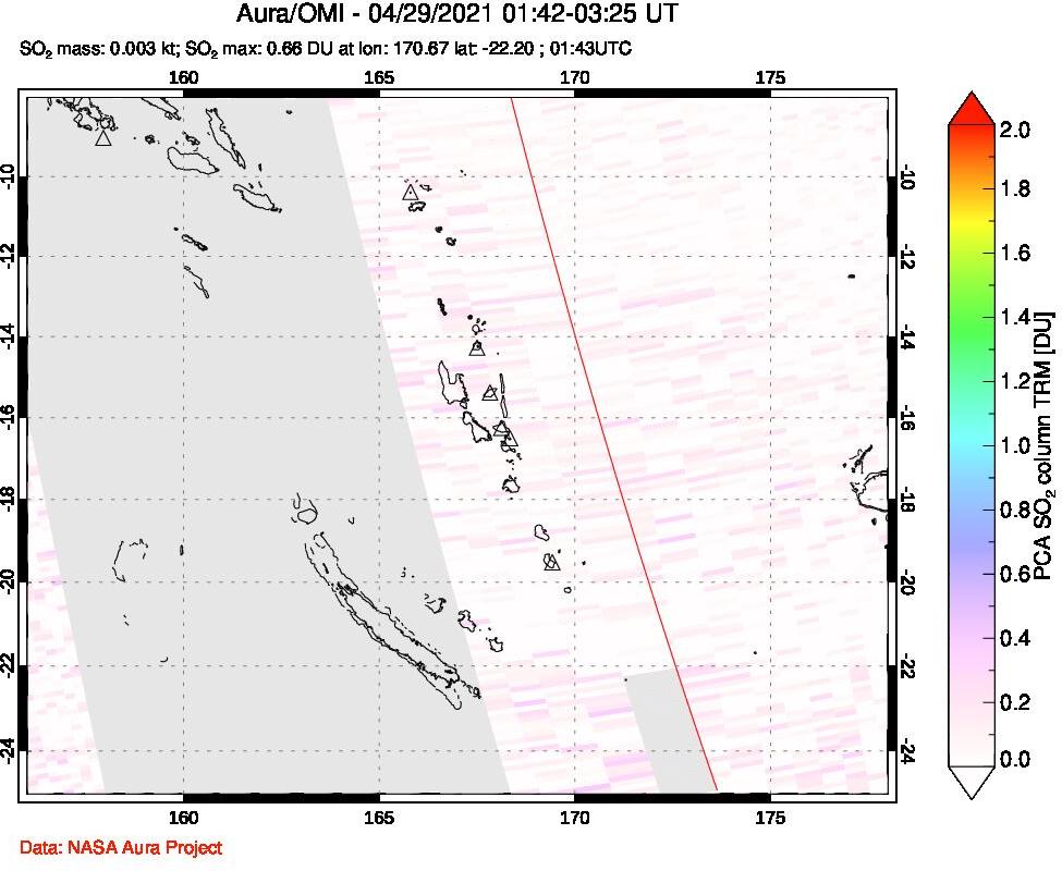 A sulfur dioxide image over Vanuatu, South Pacific on Apr 29, 2021.