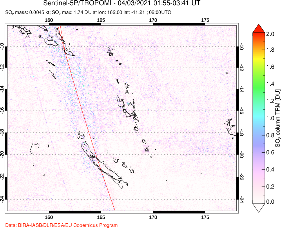 A sulfur dioxide image over Vanuatu, South Pacific on Apr 03, 2021.