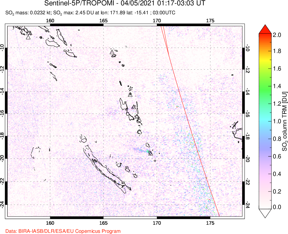 A sulfur dioxide image over Vanuatu, South Pacific on Apr 05, 2021.