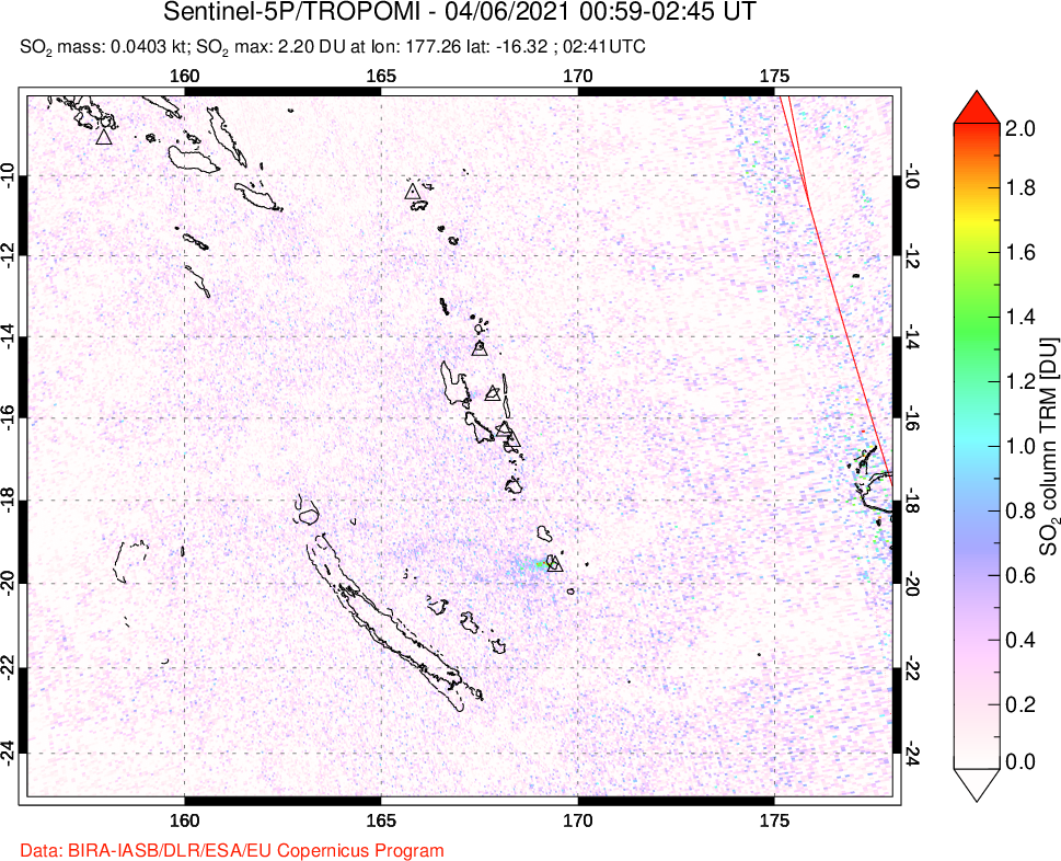A sulfur dioxide image over Vanuatu, South Pacific on Apr 06, 2021.