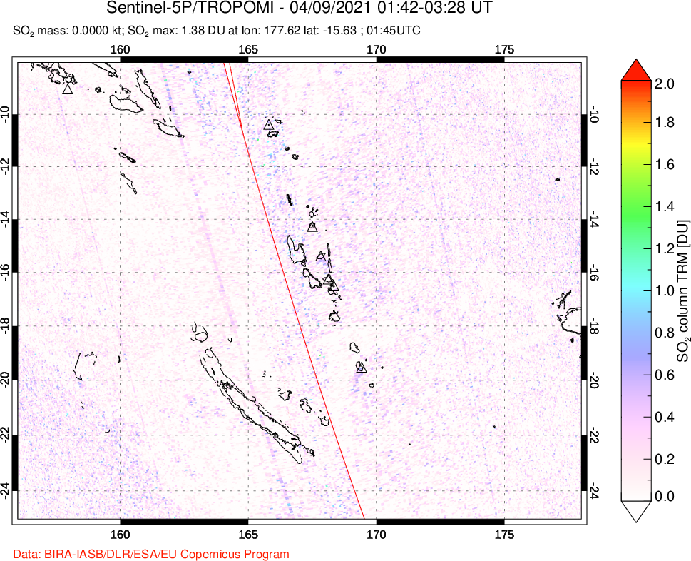 A sulfur dioxide image over Vanuatu, South Pacific on Apr 09, 2021.