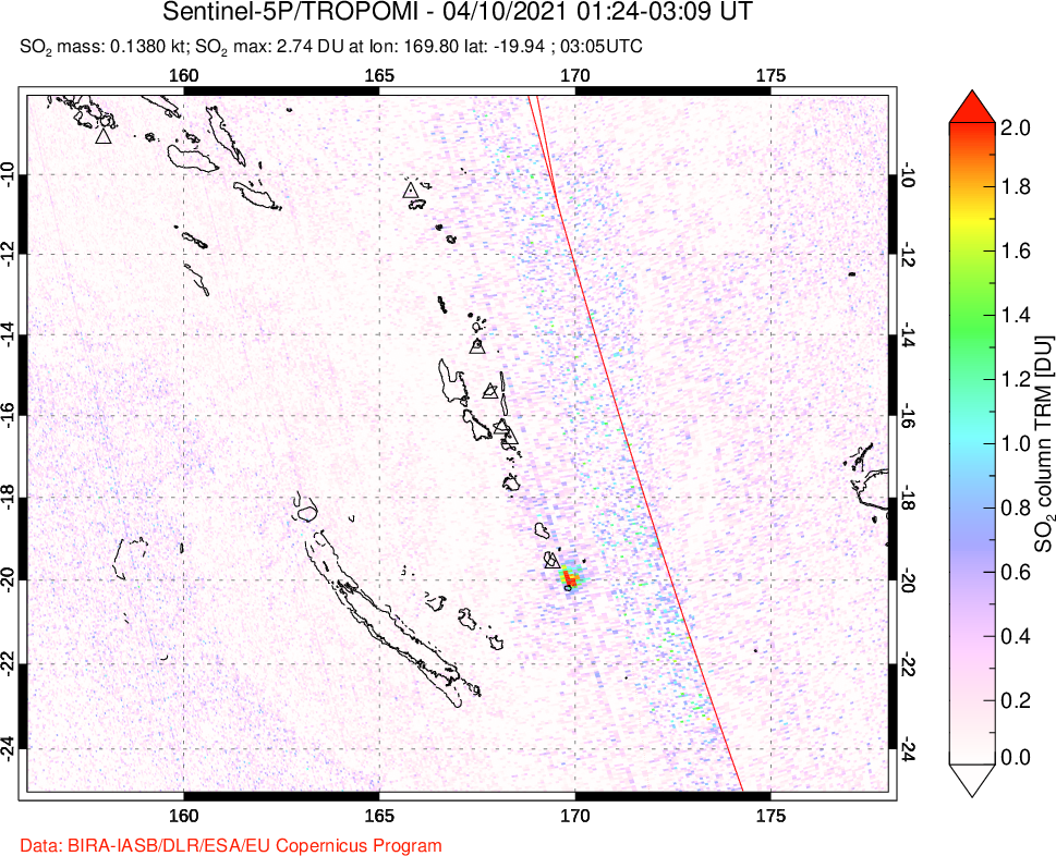 A sulfur dioxide image over Vanuatu, South Pacific on Apr 10, 2021.